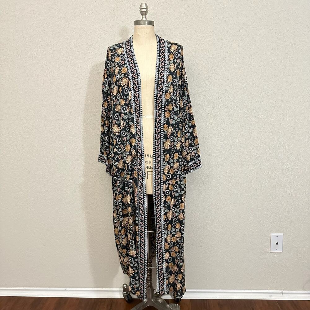 NATURAL LIFE Kimono Cardigan Womens S/M Black Floral Open Front Duster Bohemian